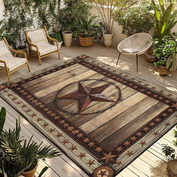 Western Farmhouse Outdoor Rug 5x7 Ft - Reversible Patio Rug Outdoor Camping Rugs, Primitive Rustic Country Retro Texas Star Indoor Outdoor Area Rugs, Non-Slip Outdoor Carpet Runner for Deck/Porch