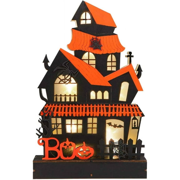 Halloween Decorations Indoor Haunted House Lights, Wooden Tabletop Decoration for Home, Battery Operated Light Up Halloween Decor for Desk Table Fireplace Room Party Decor