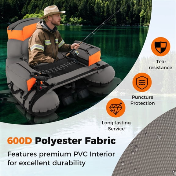 350lbs Inflatable Fishing Float Tube with 2 Air Chambers Rod Holder Fish Ruler Orange Gray Portable for Lake River Sea