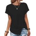 thumbnail image 1 of Top de manga corta para mujer, camisa con cuello redondo y dobladillo dividido, camisa informal de Color puro, Top holgado de verano negro XXL, 1 of 5