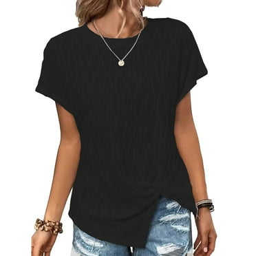 Women Short Sleeve Top Split Hem Round Neck Shirt Casual Pure Color Shirt Summer Loose Top Black L