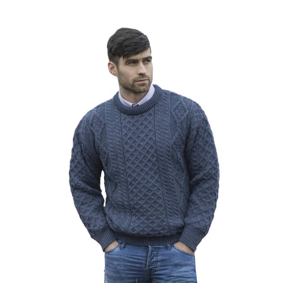 Aran Crafts Irish Soft Cable Knitted Wool Crew Neck Unisex Sweater (C1347-MED-CASP)