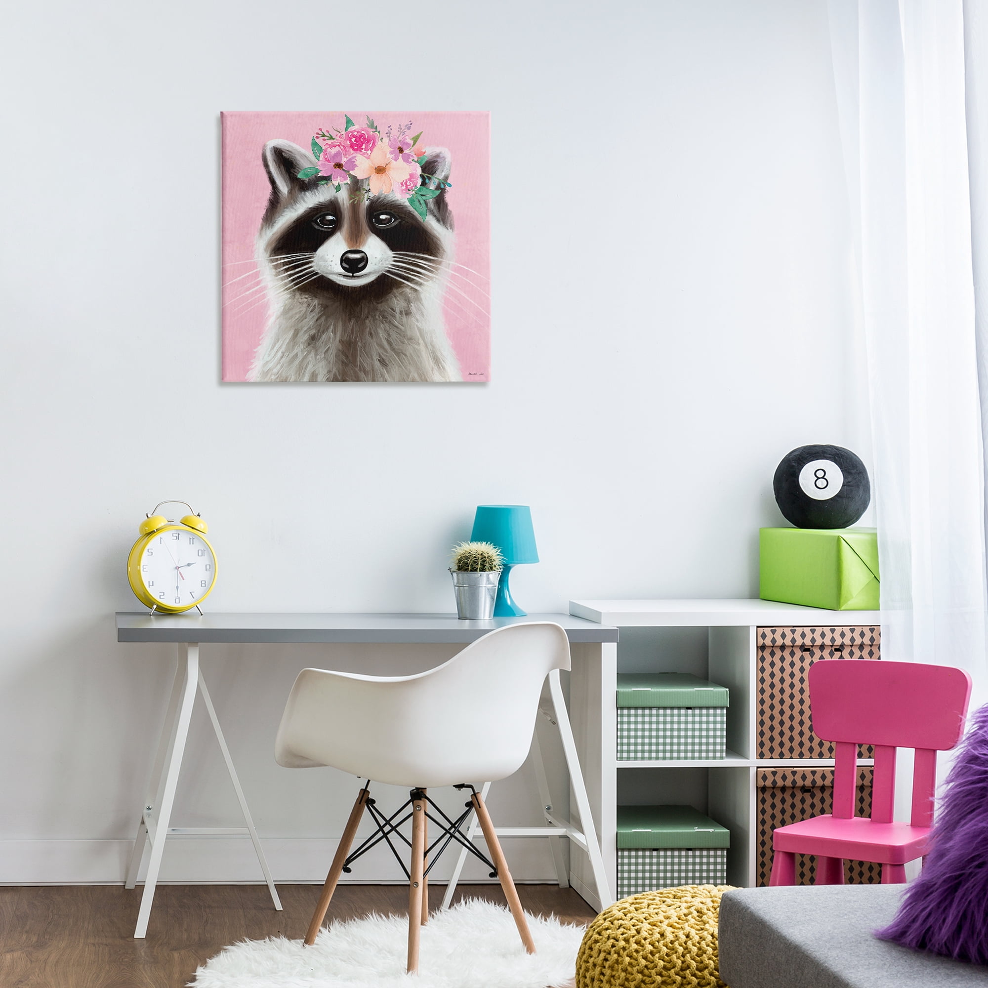 Stupell Industries Pink Florals Raccoon Animals & Insects Painting Gallery Wrapped Canvas Art Print Wall Art, 24 x 24
