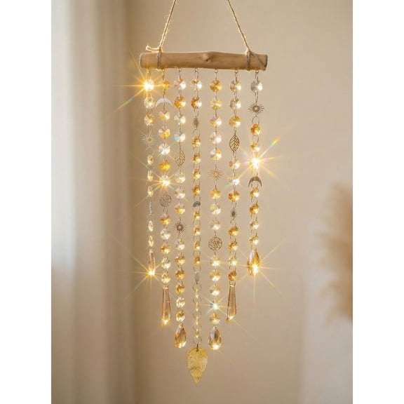 Handcrafted Amber Crystal Tree Leaf Sun Catcher Wind Chime for Garden or Memorial, for Window Hanging, Balcony or Porch Decor, Garden Wind Chime