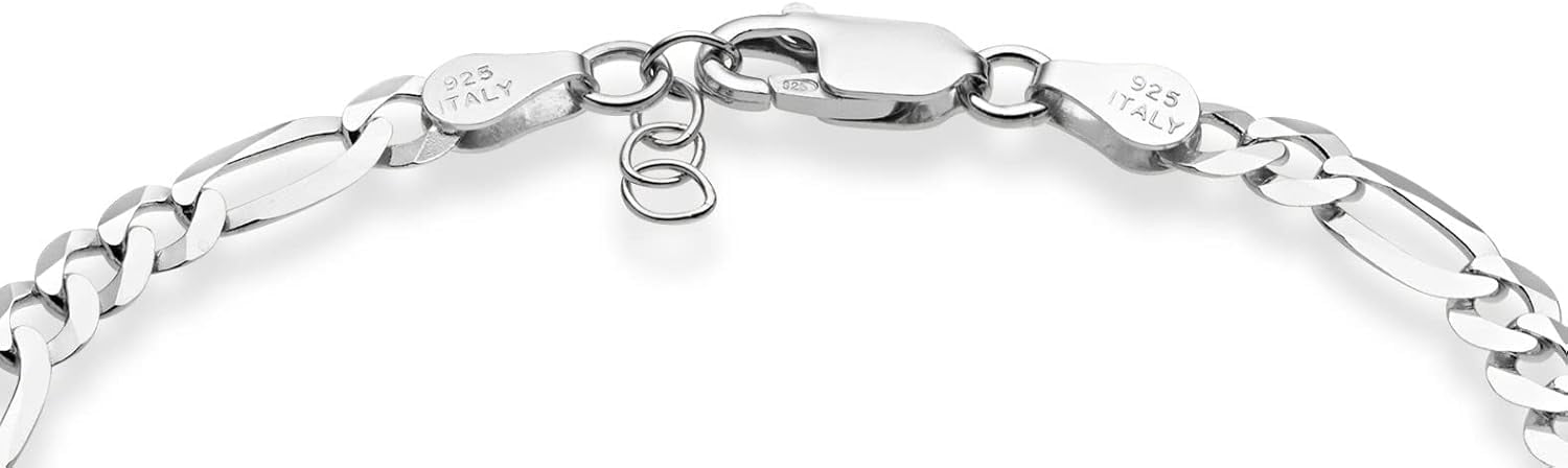 Solid 925 Sterling Silver Italian 5mm Diamond-Cut Figaro Chain Bracelet for Women Men, Made in Italy