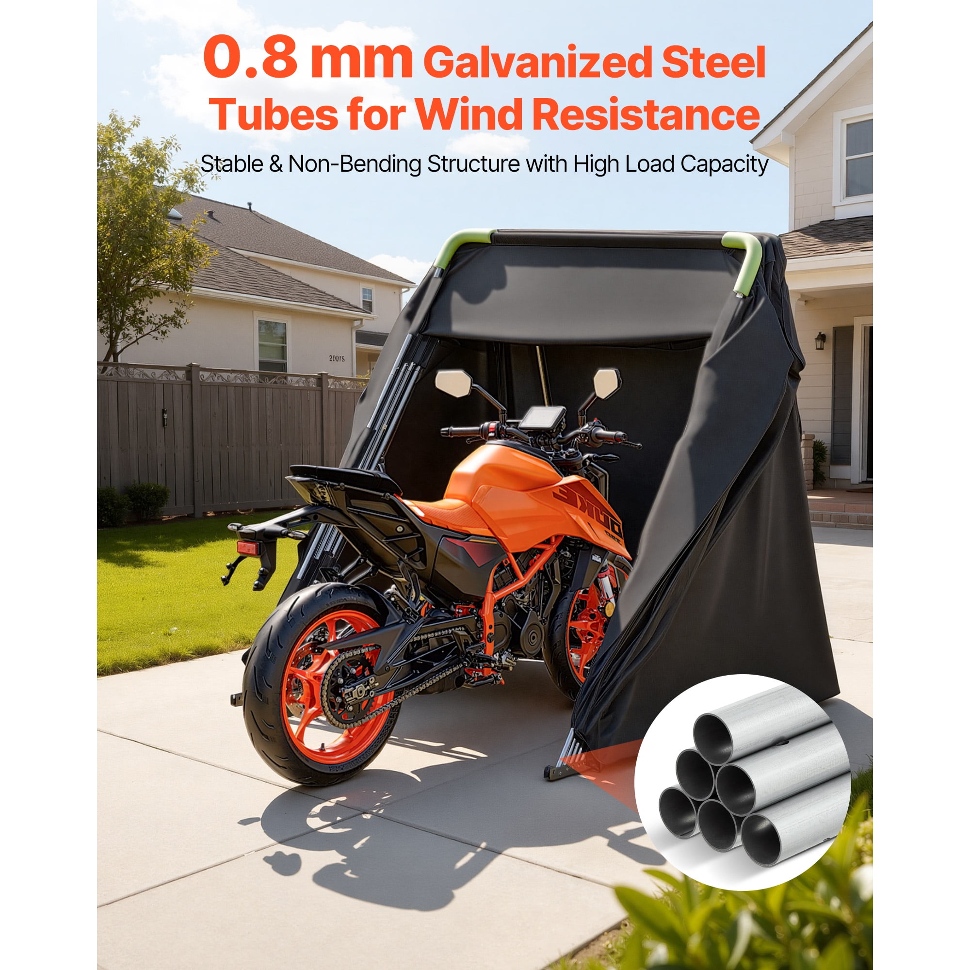 KFFKFF Motorcycle Storage Shelter with Security Lock, 600D Oxford Flip-Up Garage Tent, Durable All-Weather Cover with Ventilation Windows, 136x54x75 in Outdoor Vehicle Shelter, Black