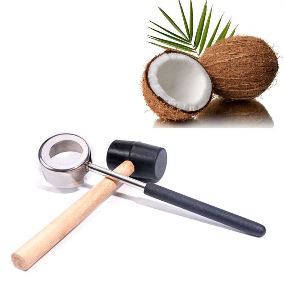 Coconut Opener Tool Set with Wooden Mallet Food Grade Stainless Steel