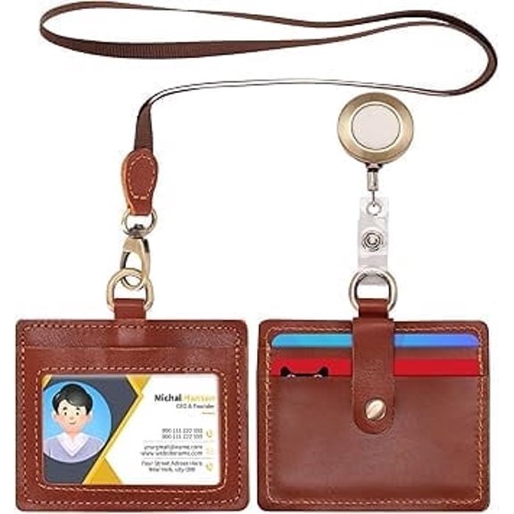 Wonderpool Leather Horizontal Badge Holder with Detachable Neck Lanyard and Retractable Badge Reel Clip, Card Slots Case ID Card Holder for ID Badges Card and Driver Licence (Red Brown)