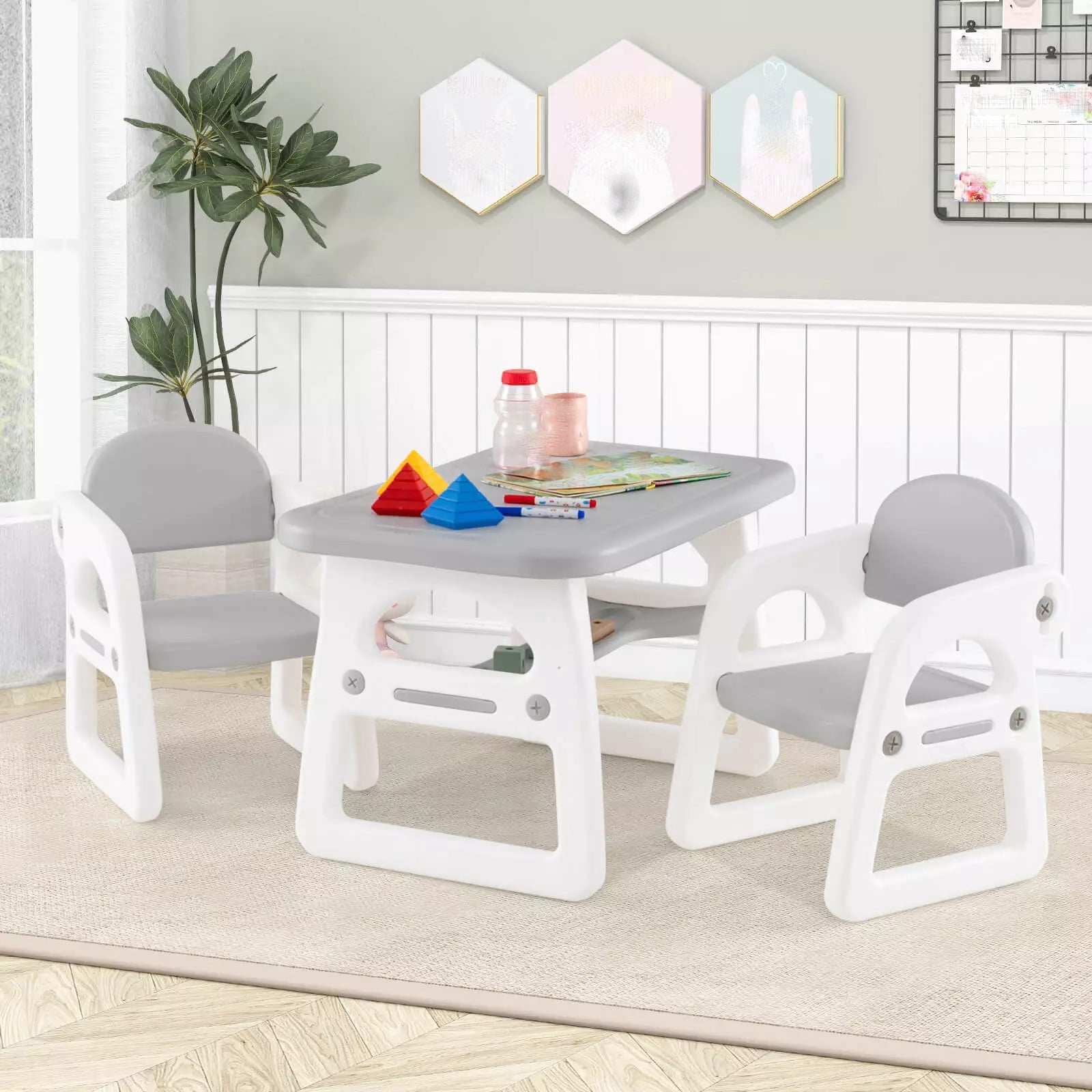 Auranook 3-Piece Kids Table and Chairs Set, Toddler Activity Table with 2 Chairs for Reading, Playing, Storage Rack,Drawing,  Pyramid Building Blocks Set