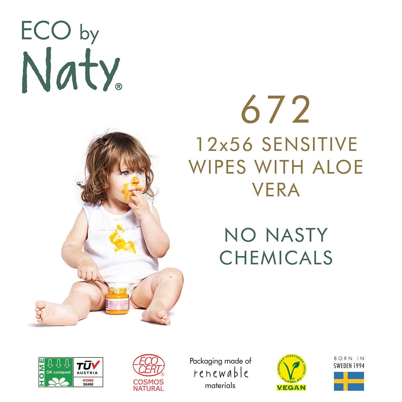 0% Plastic 672 Count 12 Packs of 56 Plant Based Compostable Wipes No Nasty Chemicals Eco by Naty Lightly Scented Baby Wipes 