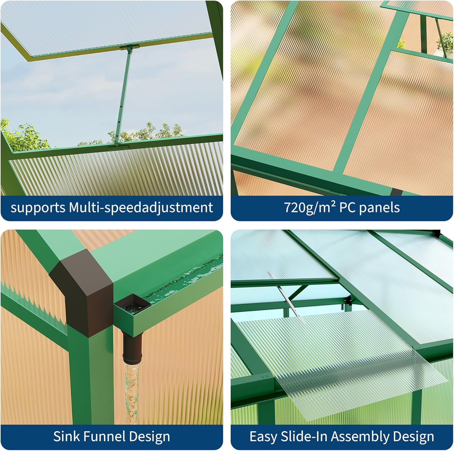 8x10 FT Greenhouse, Easy Assembly Aluminum Polycarbonate Greenhouses for Outdoors with Roof Vent and Ground Nails, Heavy Duty Aluminum Walk-in Greenhouse for Backyard, Sliding Lockable Door, Green