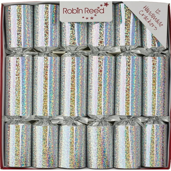 Robin Reed Handmade English Holiday Christmas Crackers 12 x 10"  - Silver Hologram New Year and party - pack of 12