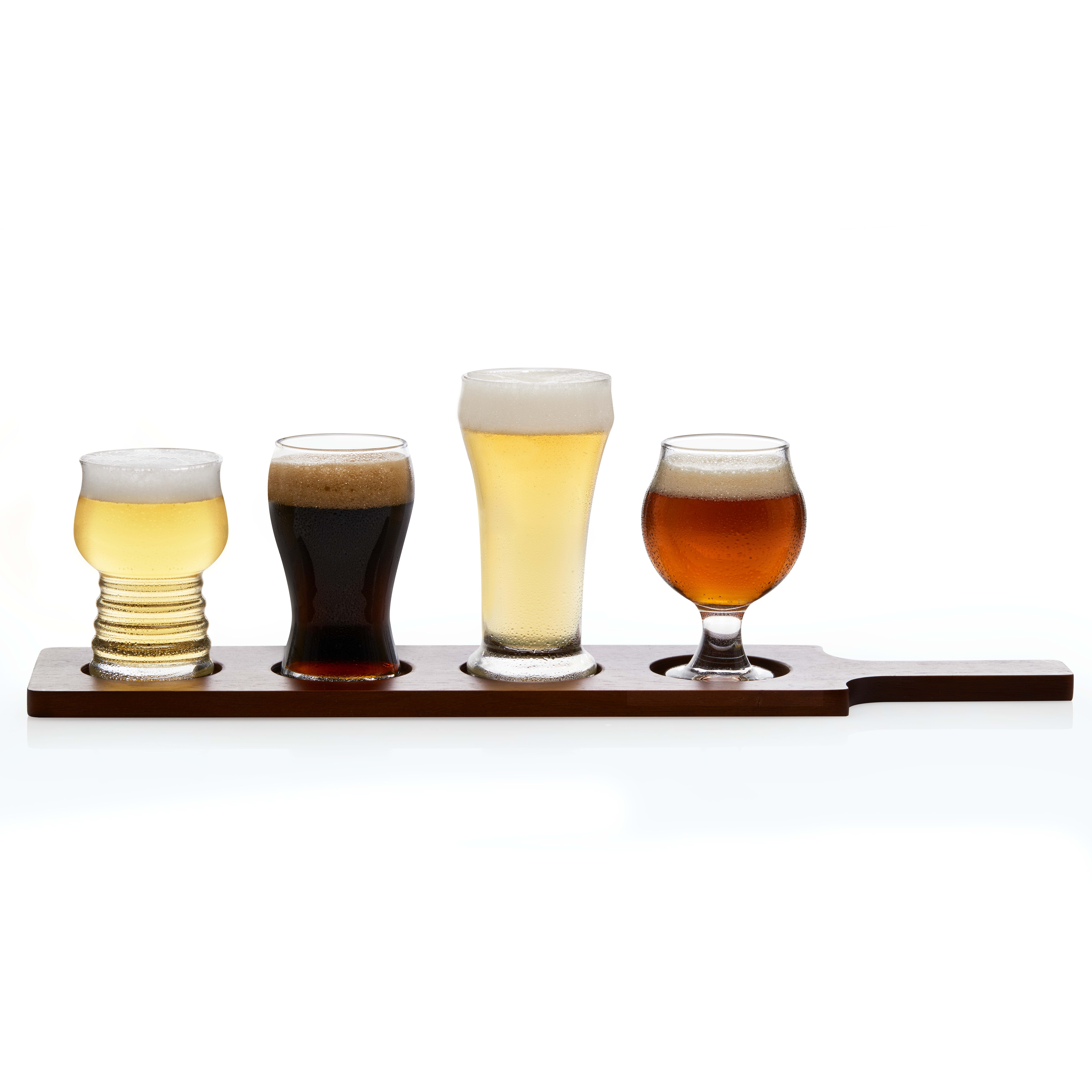 Libbey Craft Brews Beer Tasting Glasses with Wood Carrier, Set of 4