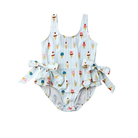 

Baby Girls Summer Sleeveless Swimsuit Ice Cream Print Double Bow Ruffle Swimwear
