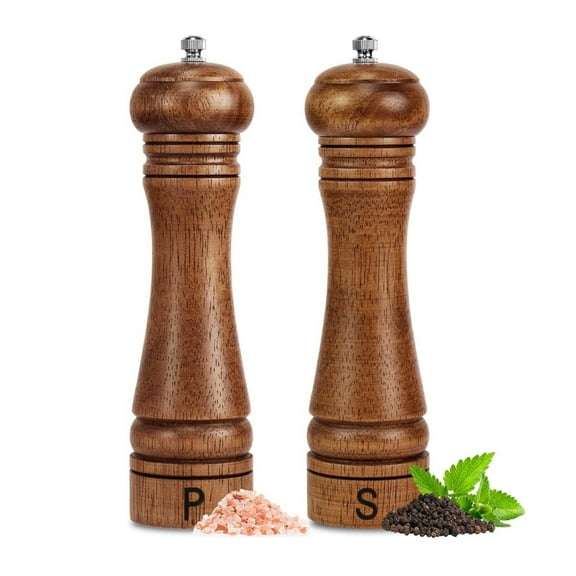 2 Pack Wooden Salt and Pepper Grinder Set Refillable Salt & Pepper Mills Adjust for Coarseness, Crafted of Solid Oak Wood with Ceramic Stainless Steel Core, 8 Inches