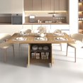 thumbnail image 2 of Expandable Dining Table with 2-Tier Storage Shelf, Modern Rectangular Dinner Table for 6-10 people, Wooden Space-Saving Table with Fluted Base and Gold Handles, Brown, 2 of 6