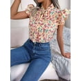 thumbnail image 5 of Women'S Ruffle Short Sleeve Summer 2025 Trendy Floral Trim Neck Casual Dressy Chiffon Boho Blouses Shirts Apricot XL, 5 of 7
