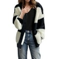 thumbnail image 2 of Womens Oversized Striped Cardigan V-Neck Button Open Front Knit Sweater Casual Soft Comfy Loose Knitted Coat Pockets (Black M), 2 of 5