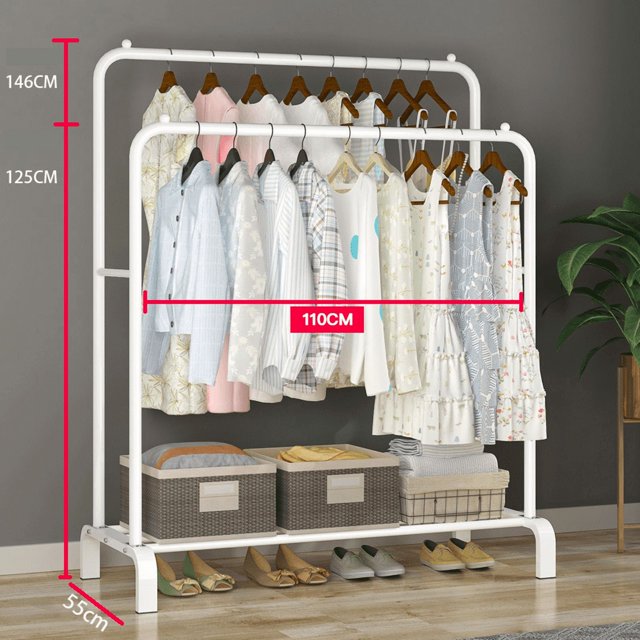 Freestanding Clothes Rack 43.3 Inch | Heavy Duty Steel Garment Hanger Rack with Shoe Storage Shelf | Wardrobe Drying Rack Clothes Organizer