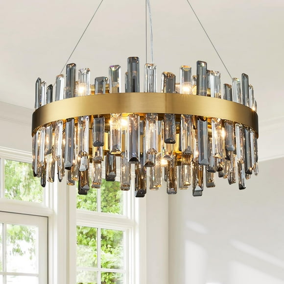Siljoy Modern Crystal Chandeliers 12 Lights Brass Gold Raindrop Crystal Chandelier Lighting Adjustable Hanging Pendant Light Fixture for Dining Room Living Room Kitchen Island D23.6''