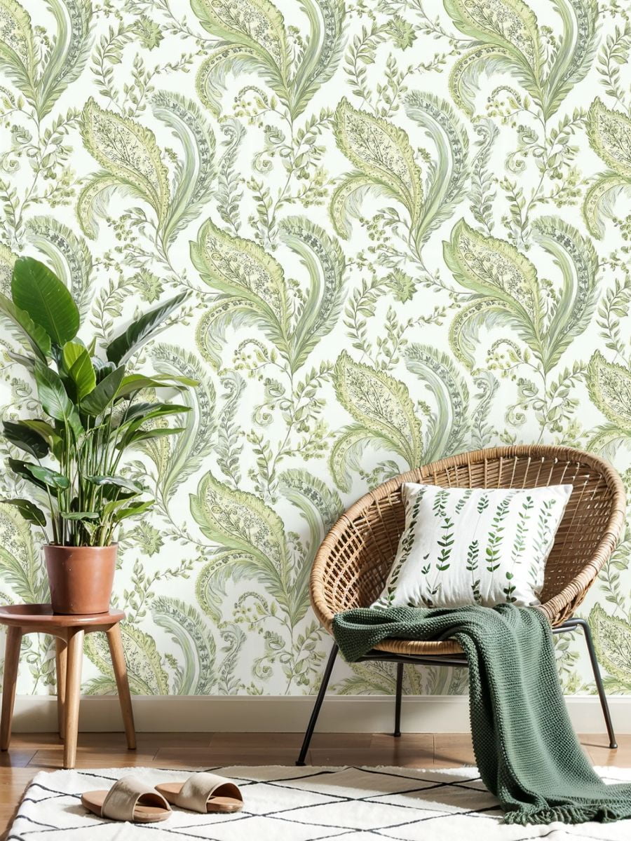 Paisley Peel and Stick Wallpaper 23.6in x 9.8ft Elegant Green Floral Paisley Leaves Swirls Contact Paper Vinyl Waterproof Self Adhesive Wall Paper for Bedroom Shelf Cabinet Renter Friendly