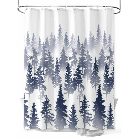 Shower Curtain Pine Tree Bathroom Curtains with Hooks, Waterproof Fabric Nature Foggy Forest Blue Ombre Bath Shower Curtains Set for Bathroom Bathtubs Decor 36x72 Inch