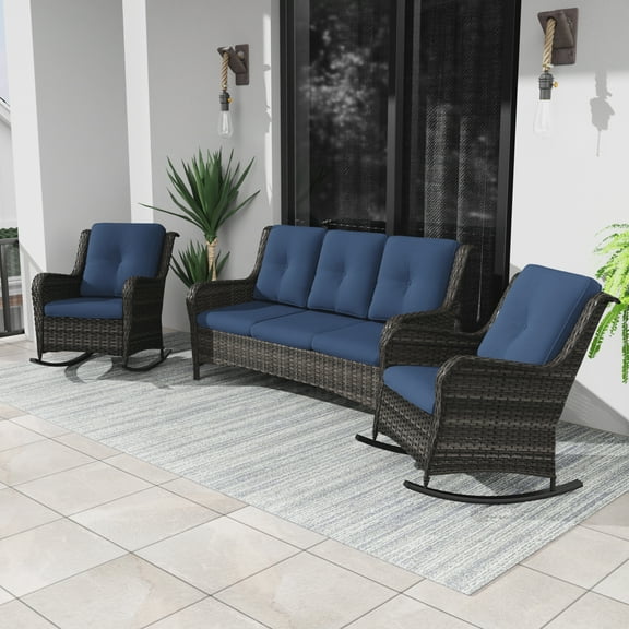MeetLeisure 3 Pieces Outdoor Furniture Patio Furniture Set with Two Rocking Chairs,One 3-Seat Sofa, Navy