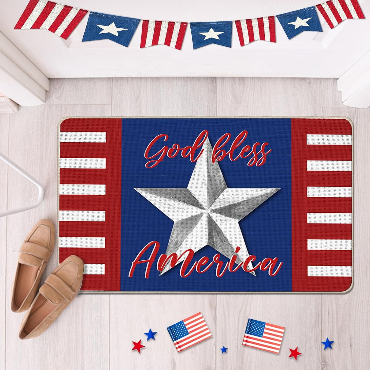 God Bless America 4th of July Patriotic Decorative Front Door Mat, USA Stars Stripes Doormat Indoor Outdoor Non-Slip Floor Entryway Rug, American Home Kitchen Decoration 17x29 Inch