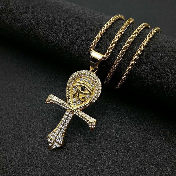 Fashionable Ancient Egypt Eye of Horus Cross 14K Yellow Gold Necklace Pendant Hip Hop Inlaid Zircon Fashion Jewelry Exquisite Personality Matchi
