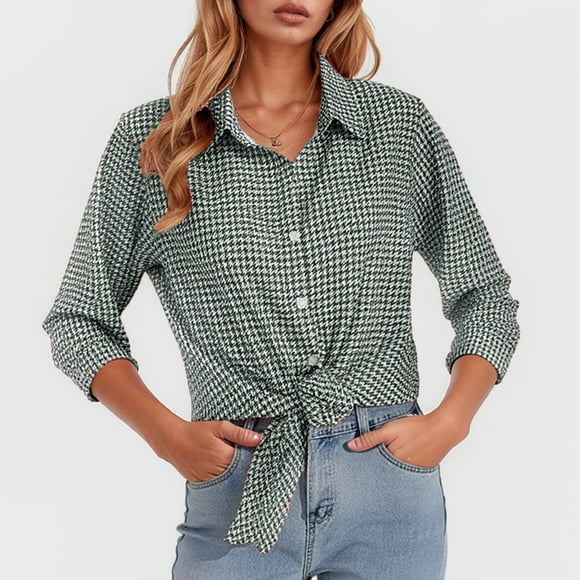 SHIXIAOO Women's Plaid Loose Casual Long Sleeve Shirt with Lapel Wolf Flannel Shirt Long Sleeve V Neck Shirt Women