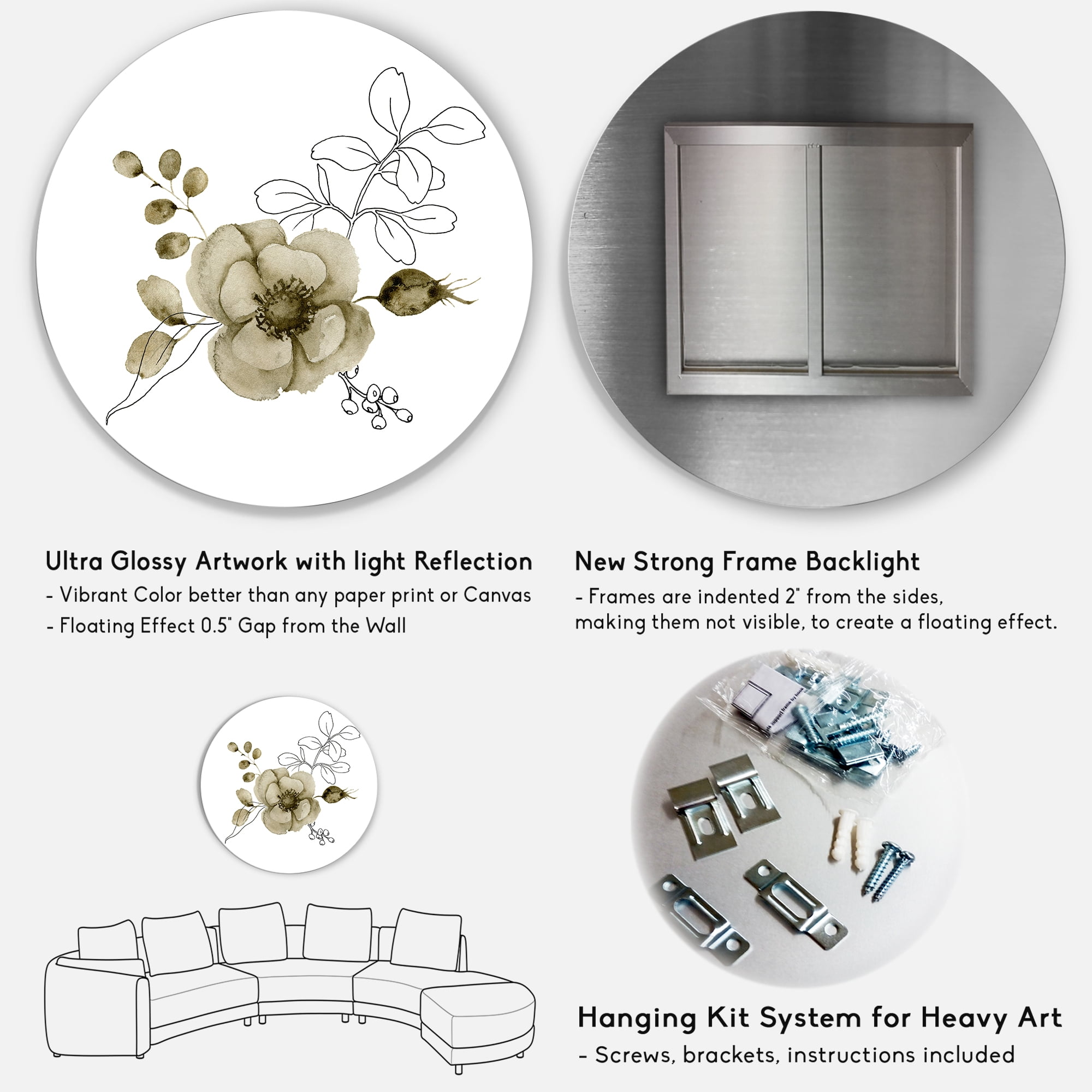 Designart 'Eucalyptus Branches With Anemone Bouquet Flower II' Traditional Circle Metal Wall Art 36x36 - Disc of 36