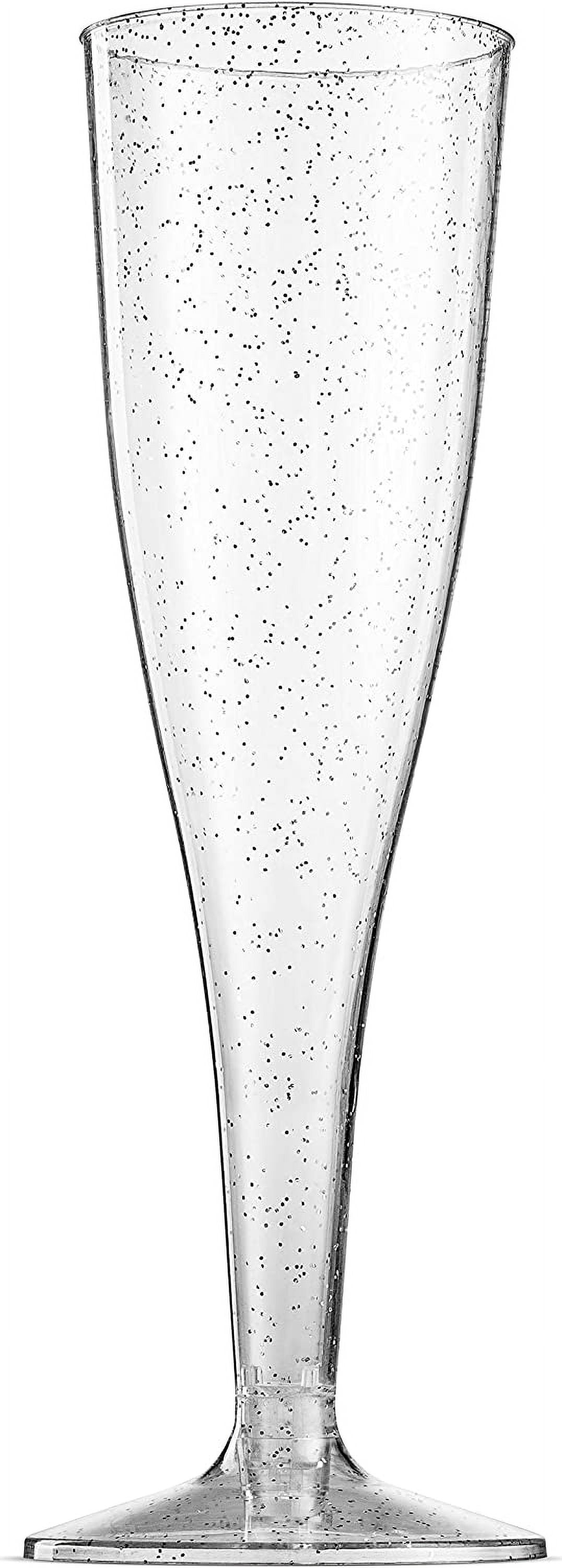 100 Plastic Champagne Flutes - 5 Oz Disposable Silver Glitter Champagne Glasses for Parties, Mimosa Bar, Events, Wedding and Shower Party Supplies - Toasting Cocktail Cups