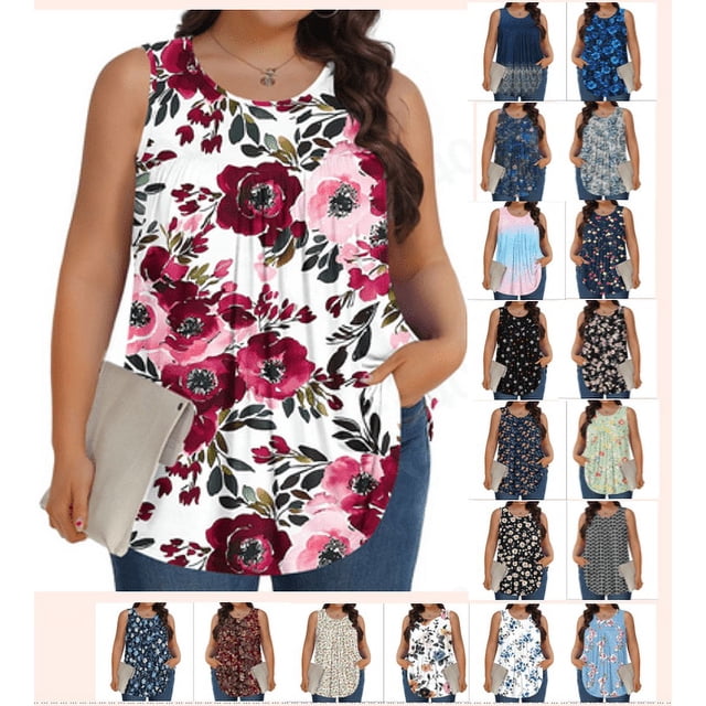 Frostluinai Débardeurs Grande Taille pour Femmes Sans Manches à Fleurs Col Croisé Tuniques Plissées Boho Légers Été Liquidation