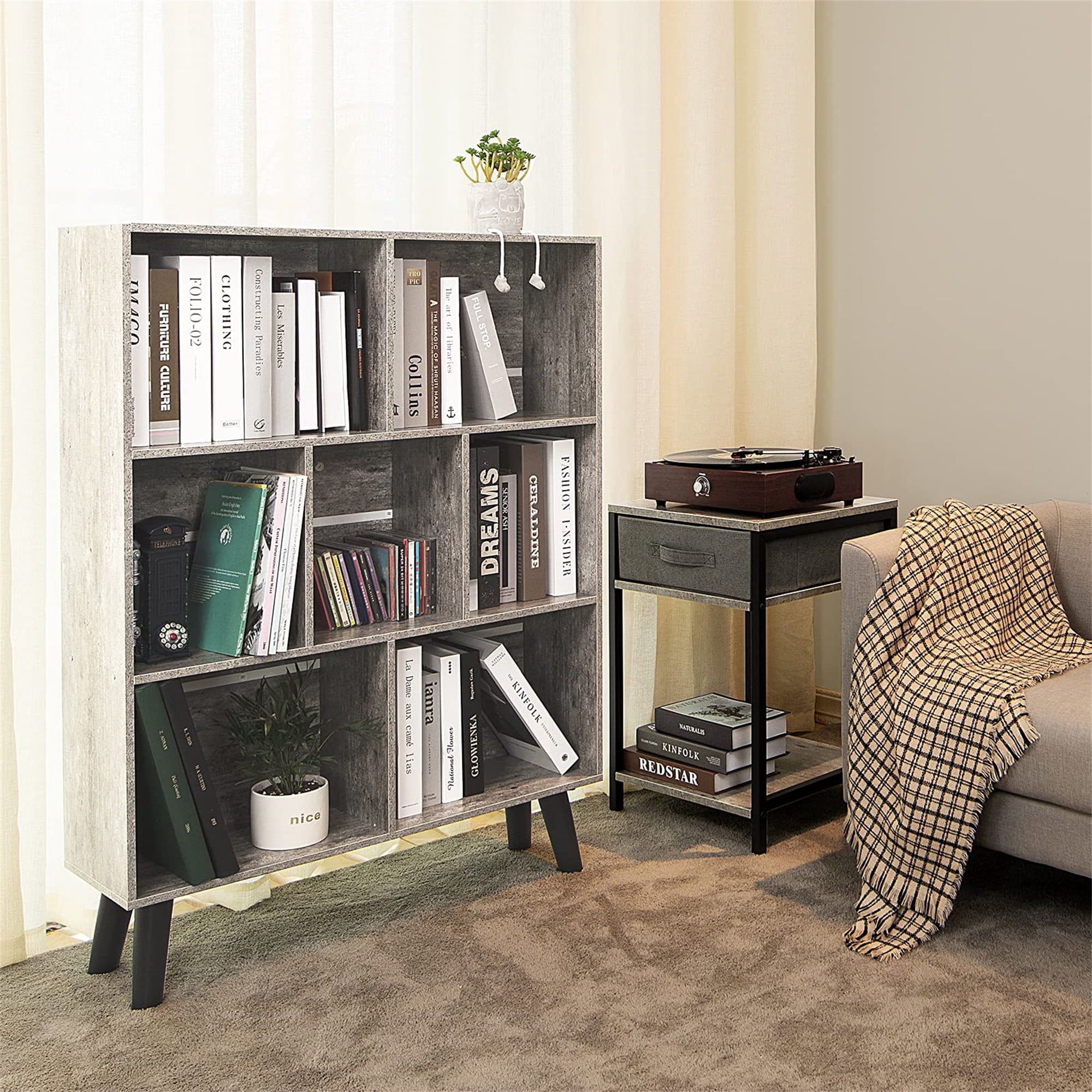 Aukfa 43" Tall Storage Organizer Wooden 7 Cube Bookcase with Legs for Home Office, Gray