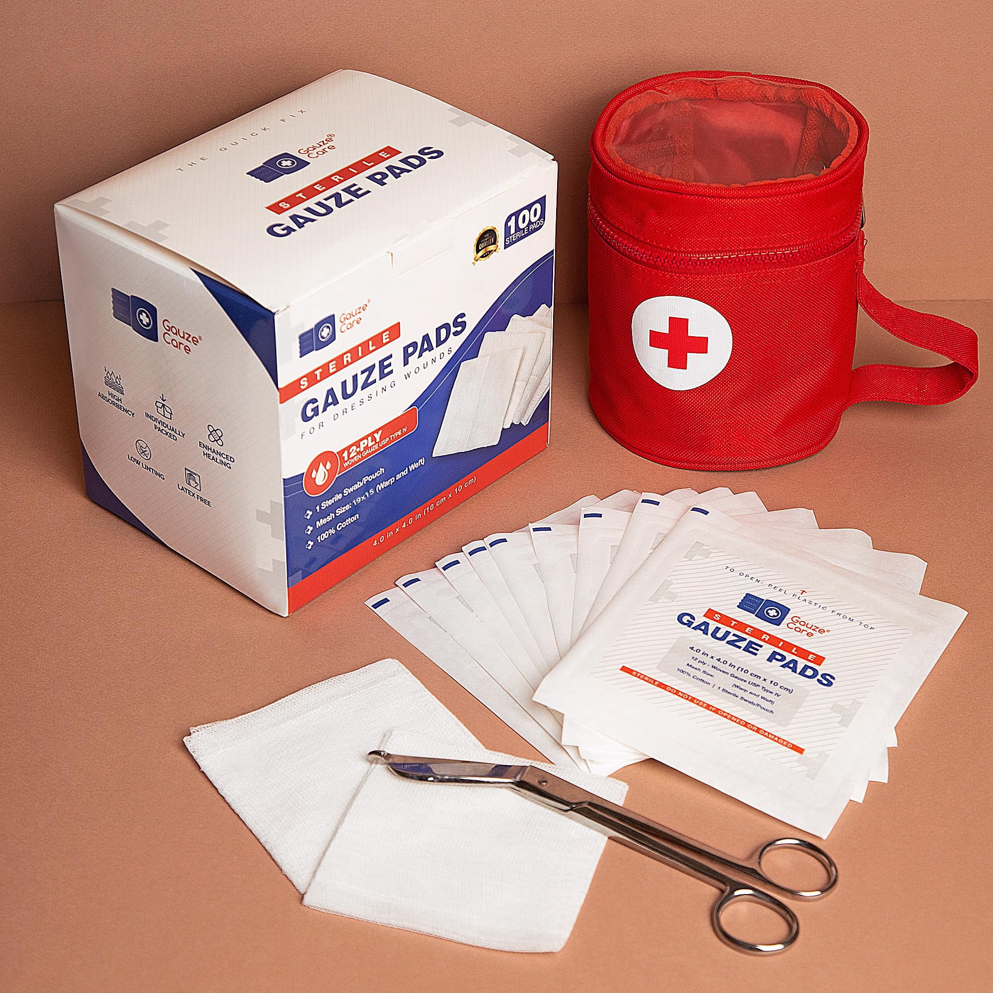 100pc Sterile Gauze Pads 4"x4" – 12ply Woven Gauze Sponges, USP Type IV, High Absorbency, First Aid Wound Care