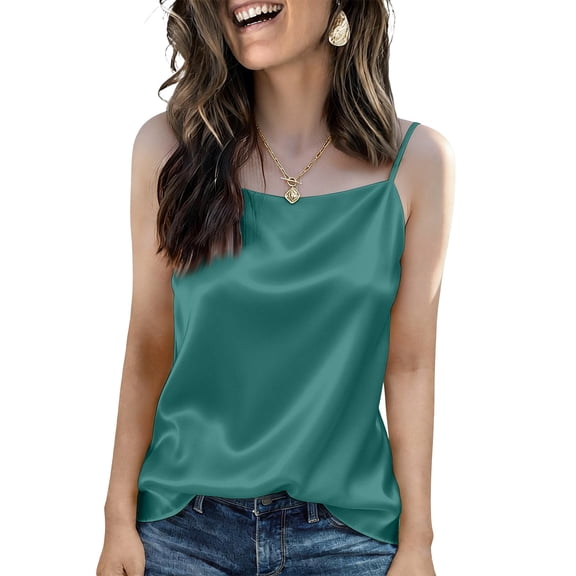 Qwertyu Women's Silk Satin Tank Tops Adjustable Spaghetti Strap Camisole Square Neck Causal Basic Blouse Dark Green 2XL