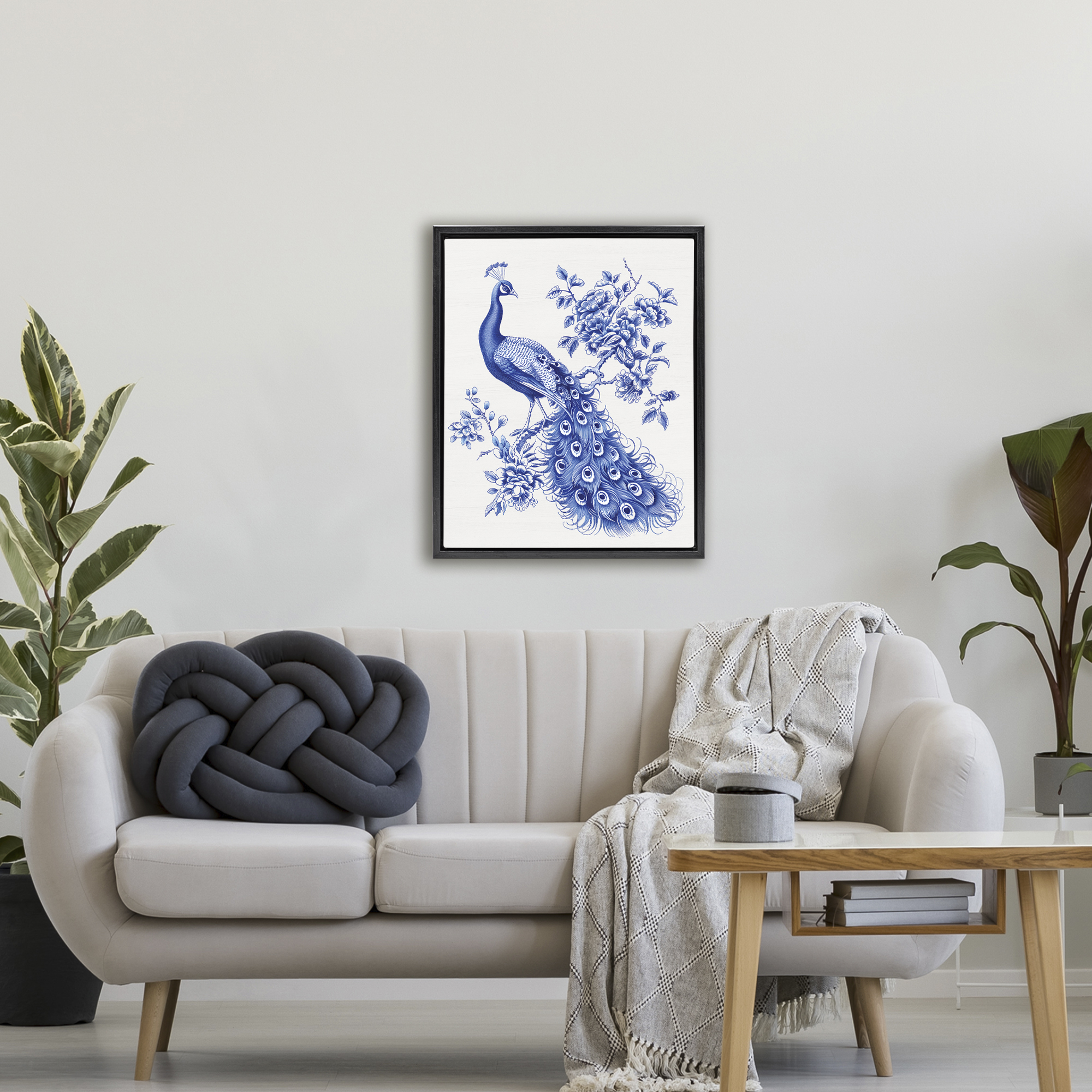 Vintage Peacock in Toile Style Black Framed Floater Canvas Wall Art, design by Lettered and Lined