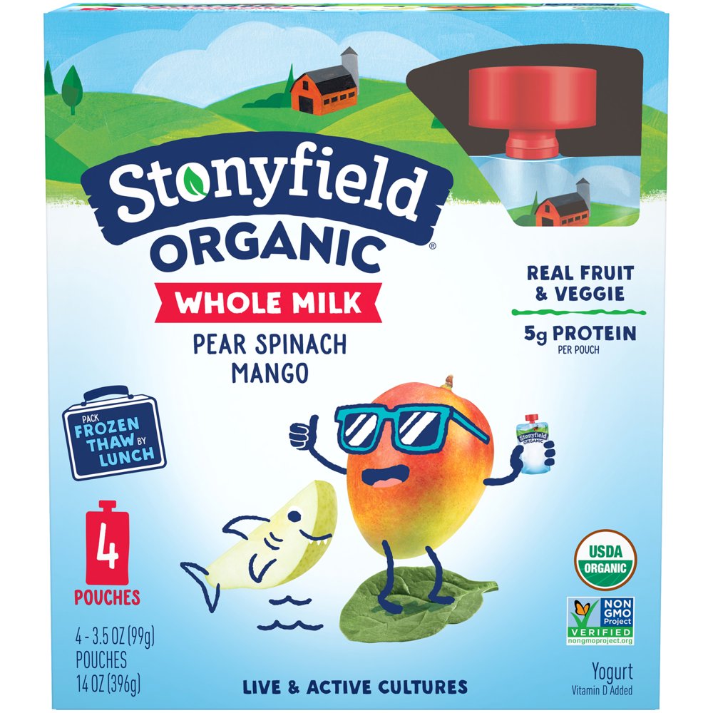 Stonyfield® Organic Kids Pear Spinach Mango Whole Milk Yogurt Pouches, 4 Ct