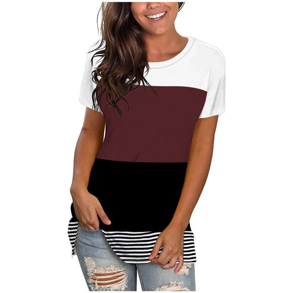 USSUMA T-Shirts for Women Trendy Striped Color Block Lightweight Comfy Womens Blouses and Tops Dressy Casual Summer Crewneck Short Sleeve Tshirts Shirts Tunic for women