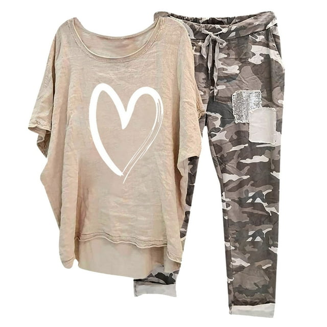 EYWGYA Ensemble de Détente pour Femmes, Survêtements pour Femmes 2 Pcs, Ensemble Décontracté Imprimé avec Haut à Manches 3/4 à Col Ras du Cou et Pantalon