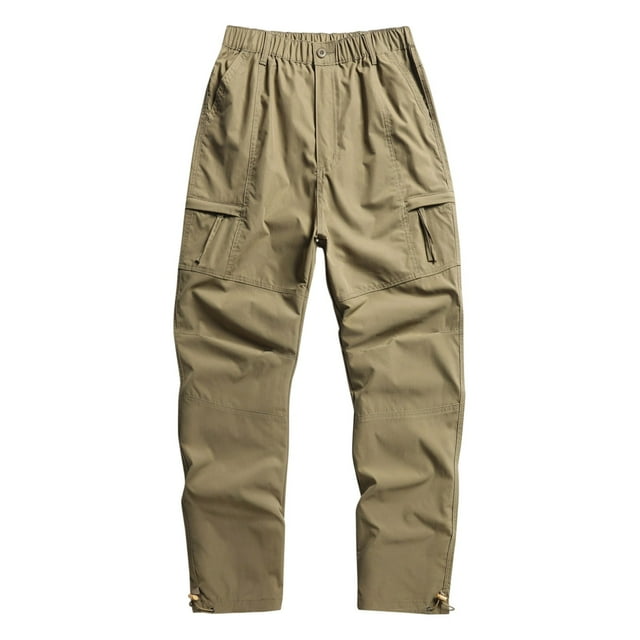 Dagugfen Mens Cargo Pants Elastic Waist Button Fitted Solid Color Outdoor Hiking Pants Zipper Pockets