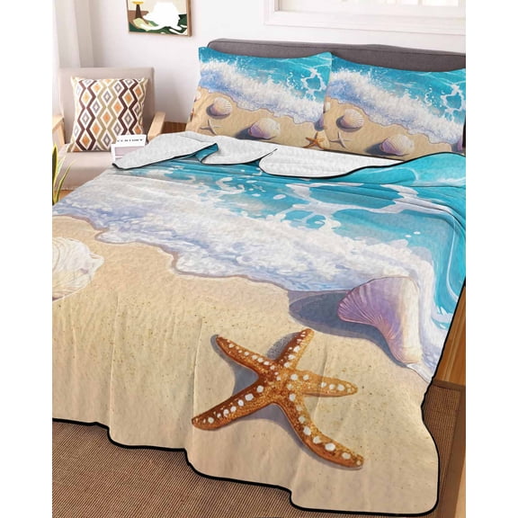 Coastal Beach Queen Size Down Alternative Comforter, Lightweight Comforter Quilt Bedding Set with Pillow Shams Nautical Ocean Starfish Shells Sea Waves All Seasons Bed Comforter Duvet Insert 90"x96"