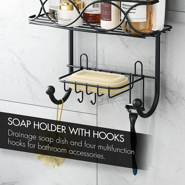 Metal Black Hanging Shower Caddy, Over Head Shower Caddy Rustproof with  hooks for Towels, Sponge and more