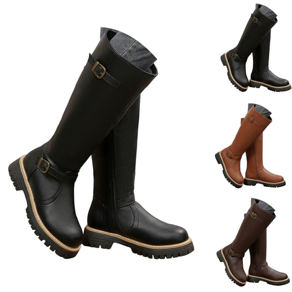 Pandaie Knee High Boots Women Pull on Wide Calf Motorcycle Riding Long Boots Retro Buckles Chunky Low Heel Fall Winter Boot Black 6