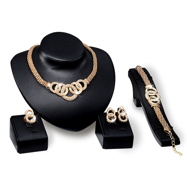 Conjunto de joyería para mujer, dama, boda, fiesta, diamantes de imitación, collar, pendientes, anillo, pulsera