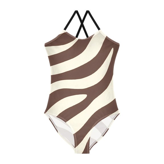 Dark Brown Zebra Pattern Girls' One-Piece Swimwear 3T-10T Soft Stretchy for Beach Pool Water Park