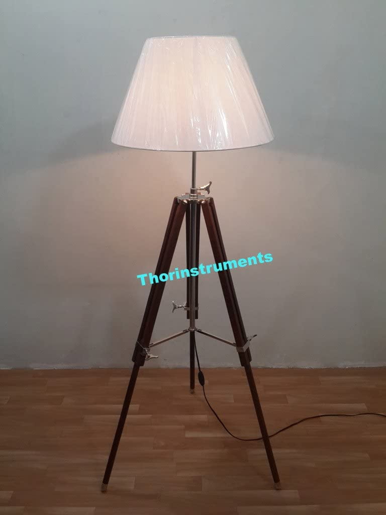 CHROME DESIGNER BROWN WOODEN TRIPOD FLOOR LAMP STAND BY THORINSTRUMENTS