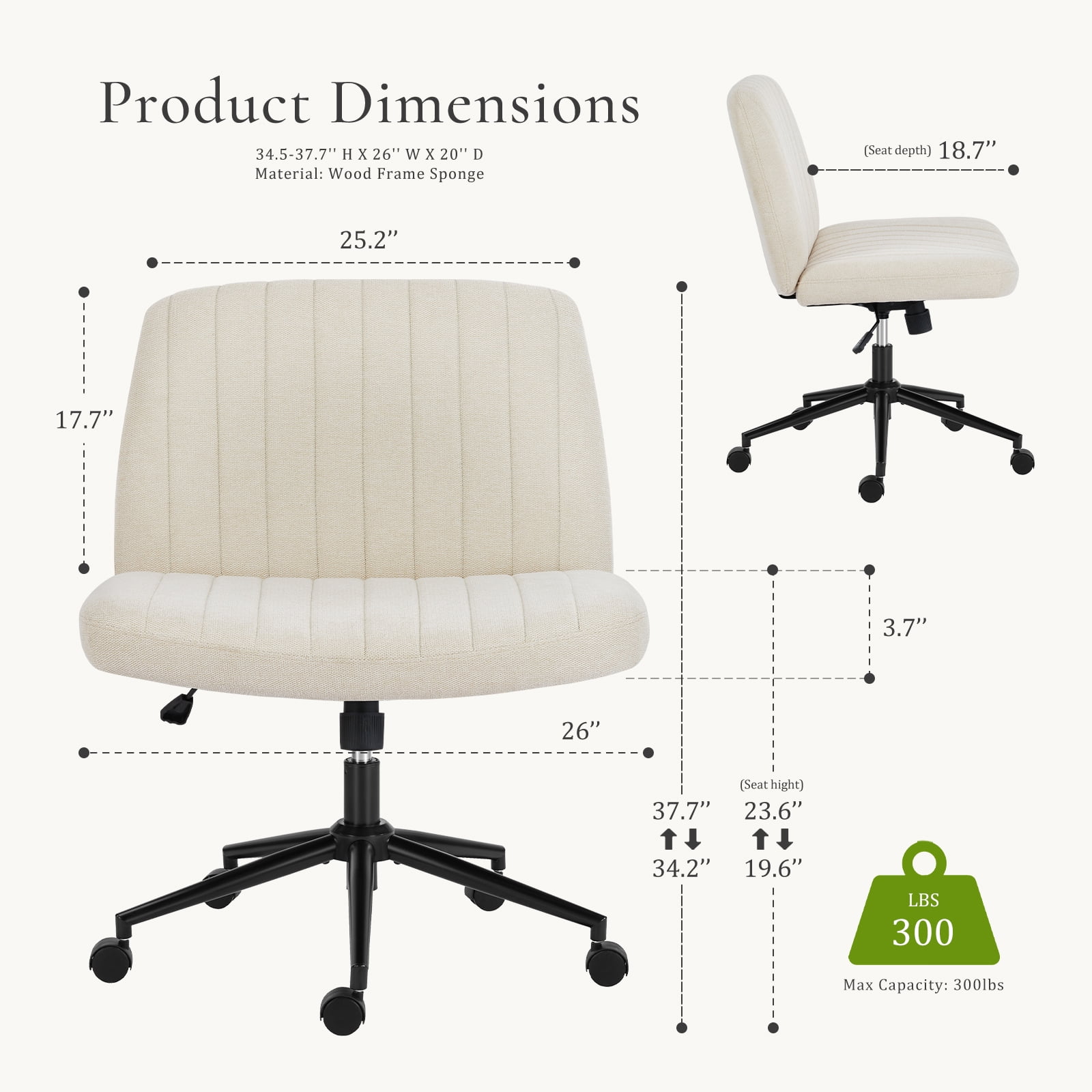 EDX Armless Office Chair Criss Cross Legged Chair with Wheels, Comfy Home Vanity Task Desk Chair, Beige