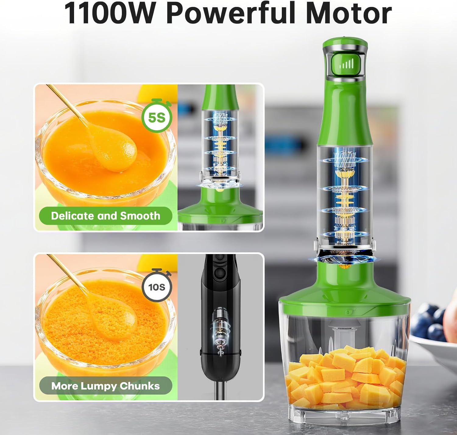 1100W 5-in-1 Handheld Immersion Blender, Variable Speed Corded Stick Blender with Chopper Whisk and Frother