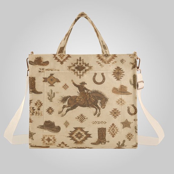 Corduroy Composite Fabric Tote Bag Magnetic Snap Large Capacity Crossbody Bag Beige Shoulder Strap Cowboy Boots Horses Design
